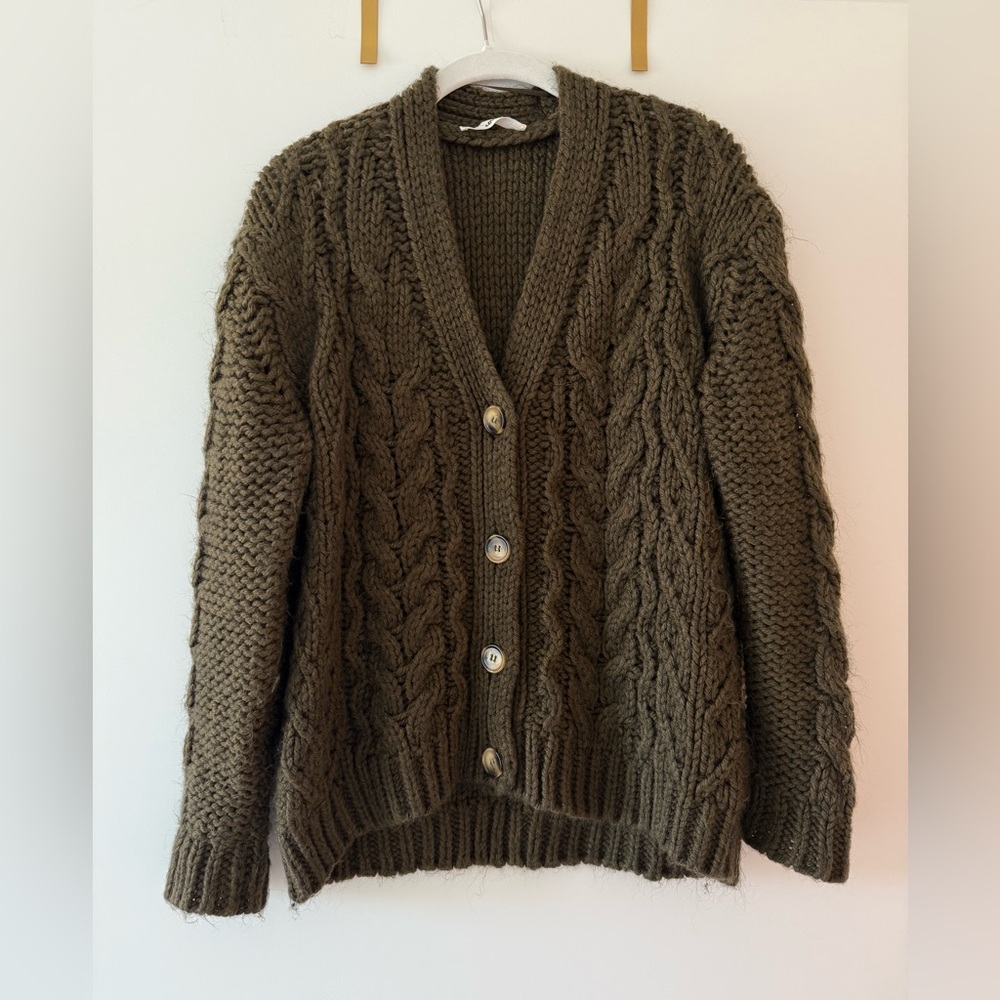 Mango Chunky Cable Knit Cardigan Sweater - Olive